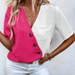 Full Size Decorative Button Surplice Short Sleeve Blouse