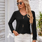 Full Size Decorative Button Openwork V-Neck T-Shirt