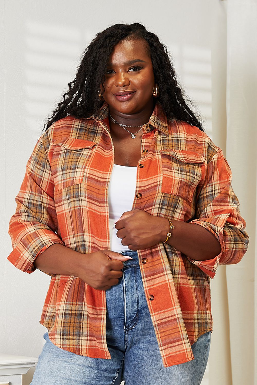 Double Take Full Size Plaid Dropped Shoulder Shirt *