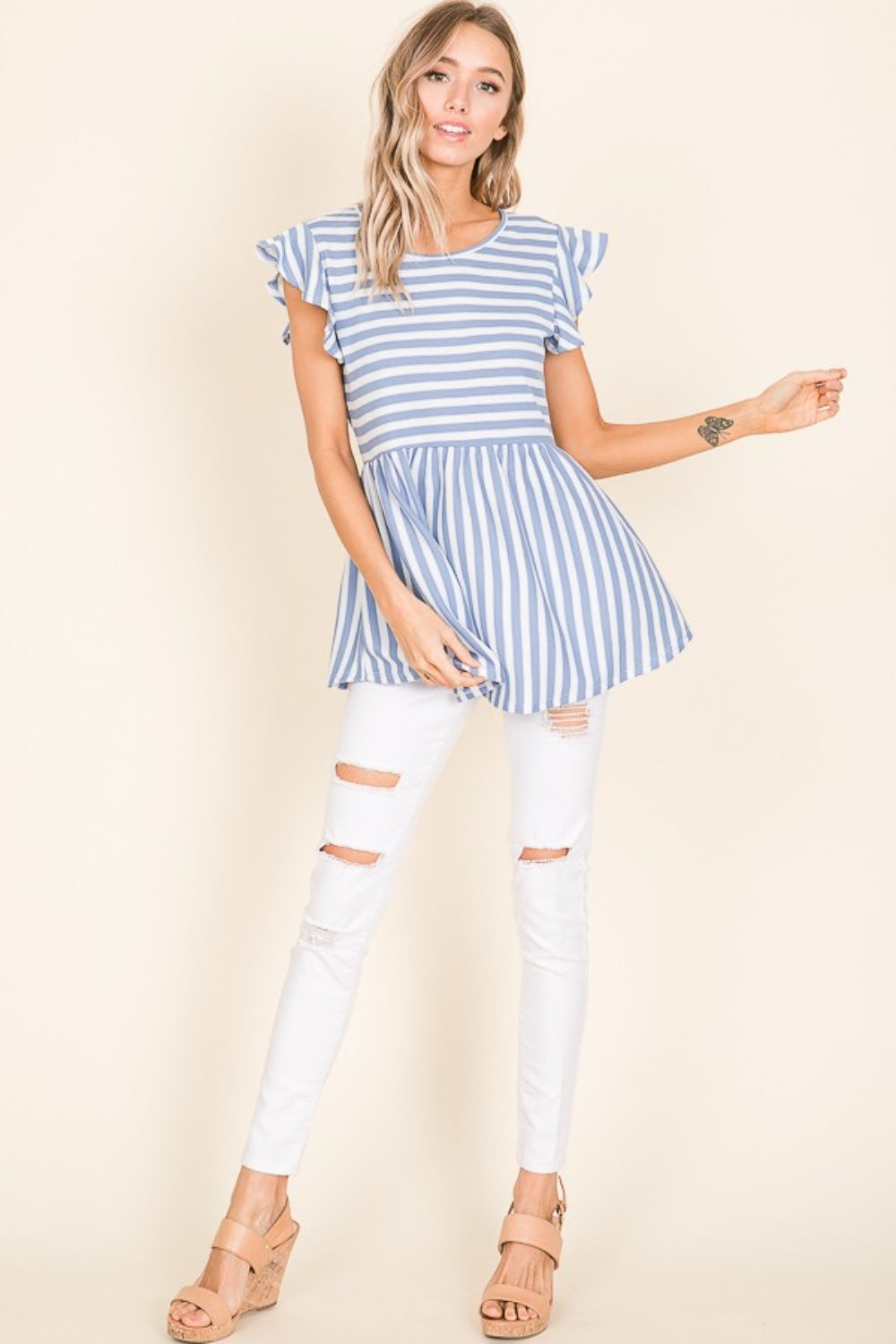 BOMBOM Striped Round Neck Blouse *