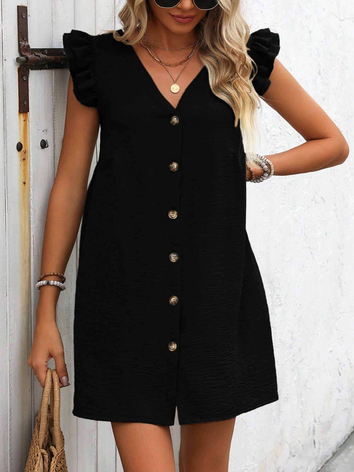 Full Size Button Up V-Neck Cap Sleeve Mini Dress