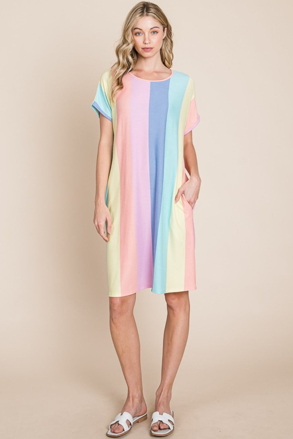 BOMBOM Striped Short Sleeve Dress with Pockets *