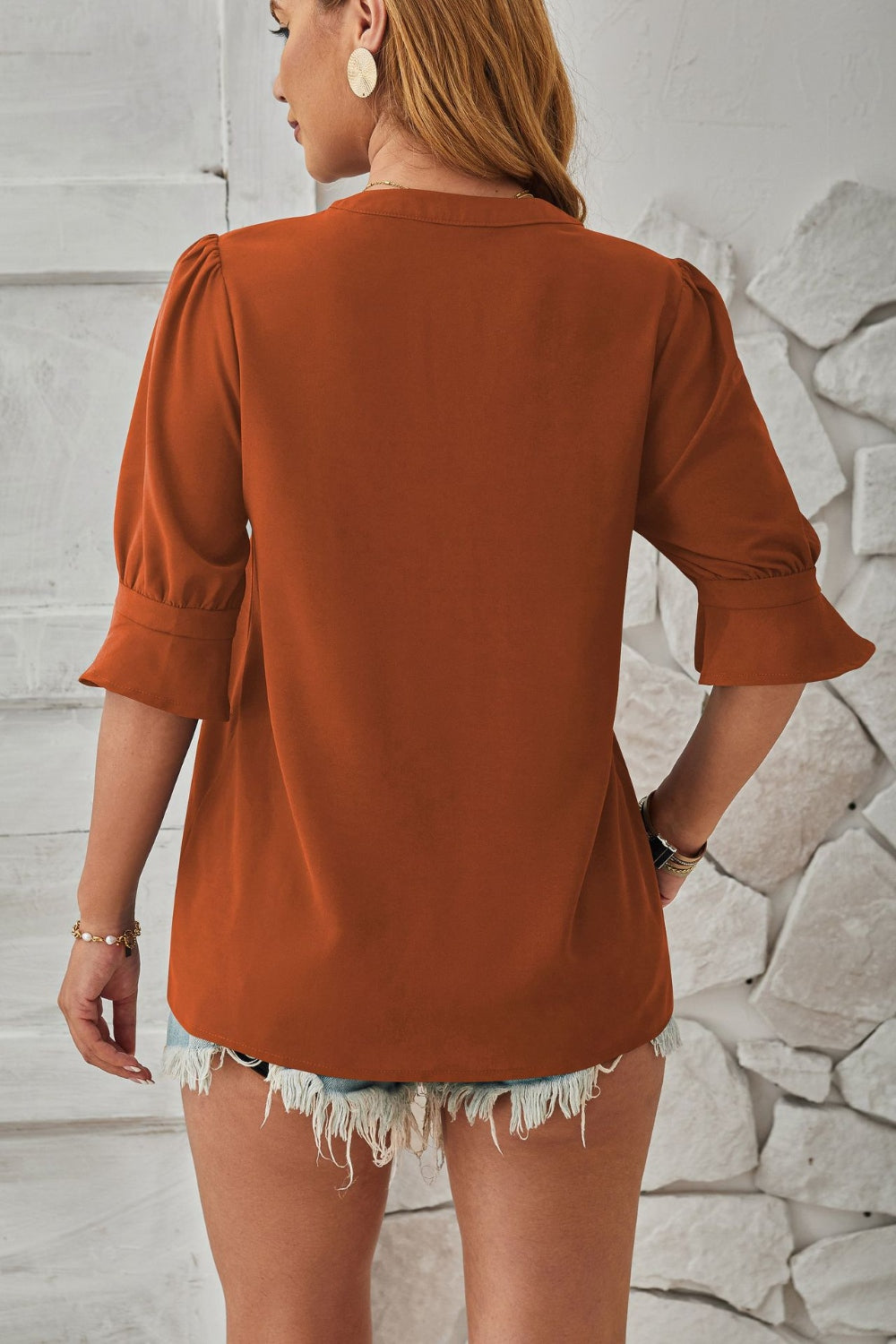 Full Size Notched Half Sleeve Blouse