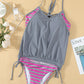 Full Size Dark Gray Crisscross Striped Spaghetti Strap Tankini Set