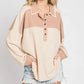 Waffle-Knit Color Block Half Button Long Sleeve Top