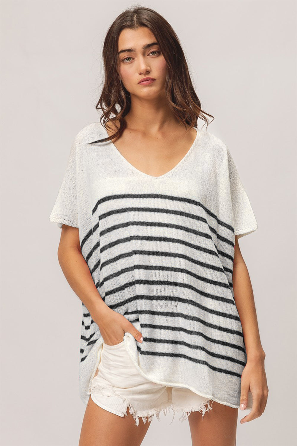 BiBi V Neck Striped Short Sleeve Top - Brand BiBi *