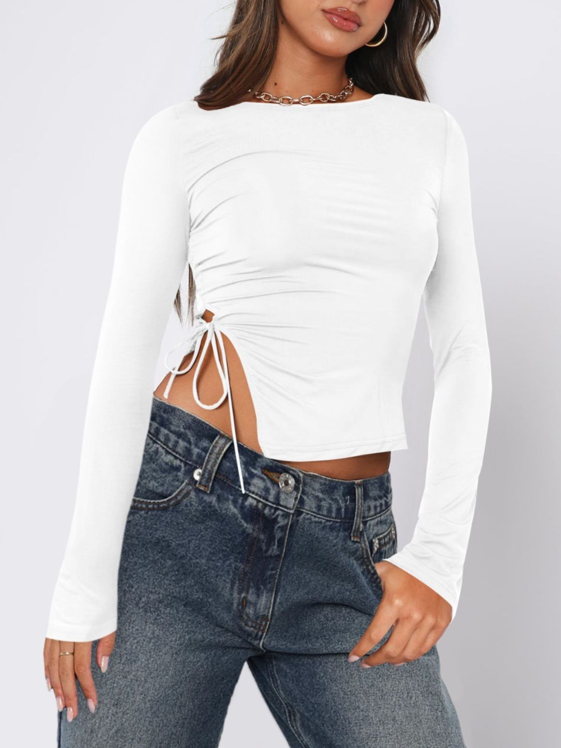 Tied Slit Round Neck Long Sleeve T-Shirt