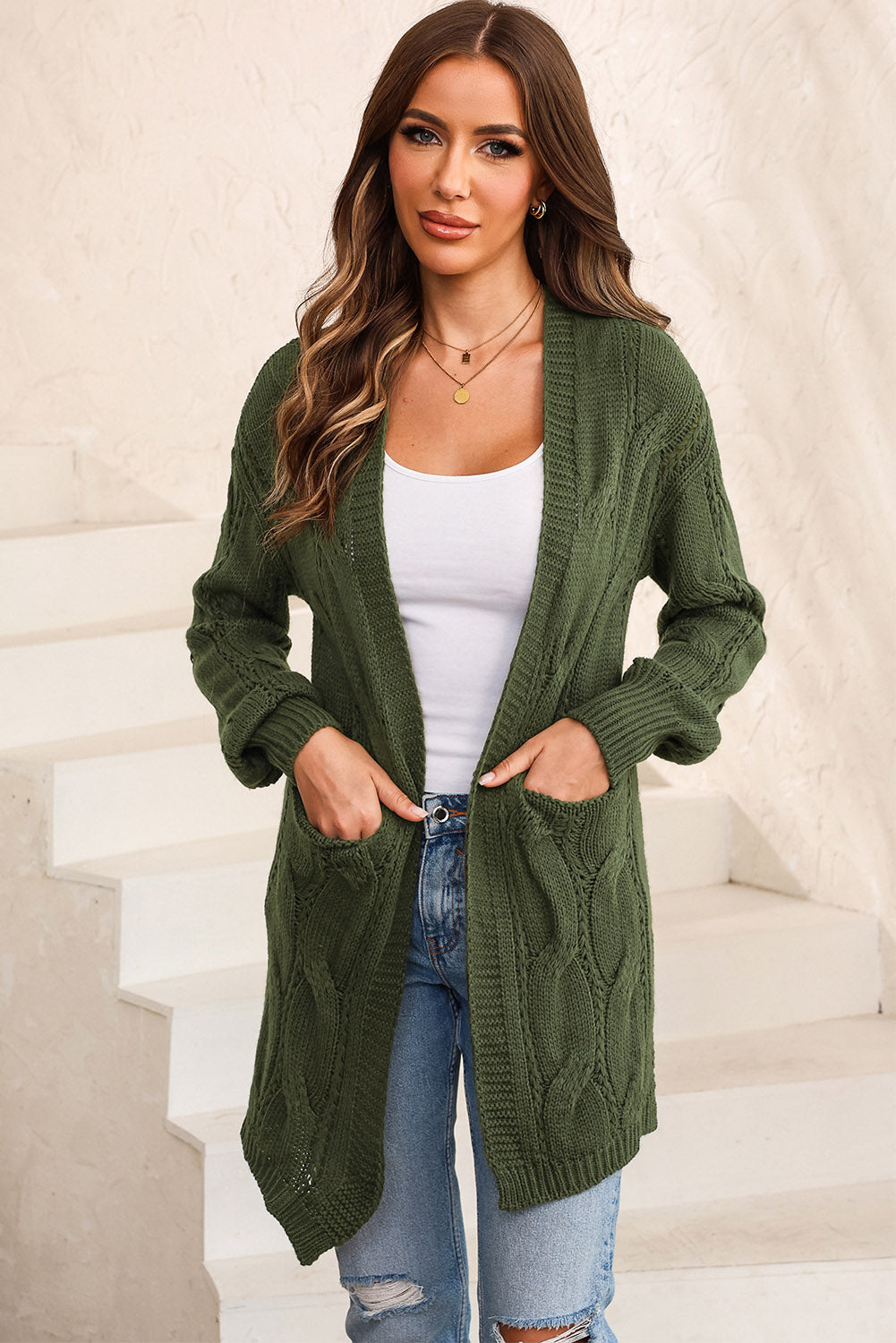 Full Size Cable-Knit Dropped Shoulder Cardigan