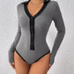 Perfee Contrast Trim Johnny Collar Long Sleeve Bodysuit