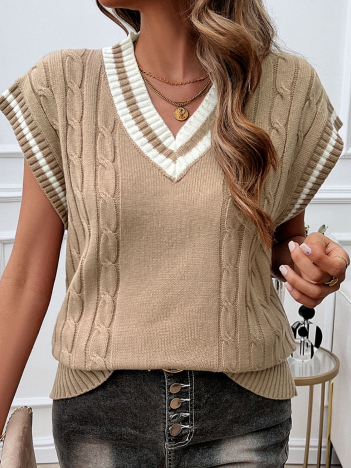 Devine Cable-Knit V-Neck Sweater Vest