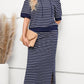 Drawstring Striped Short Sleeve Hooded Top and Skirt Set