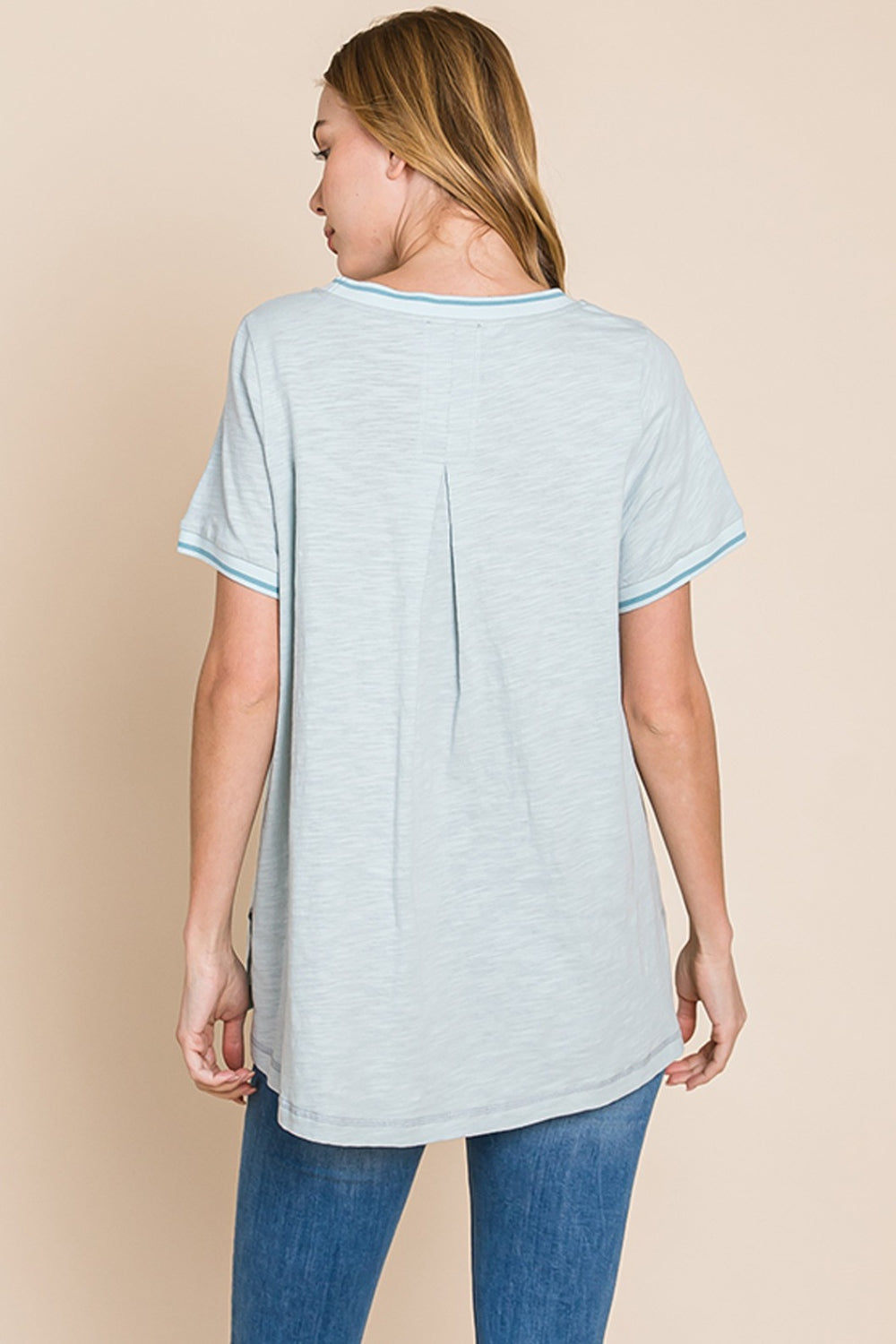 Cotton Bleu by Nu Lab Contrast Trim Short Sleeve Slit T-Shirt *