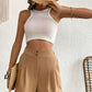 Buttoned Elastic Waist Pleated Detail Shorts