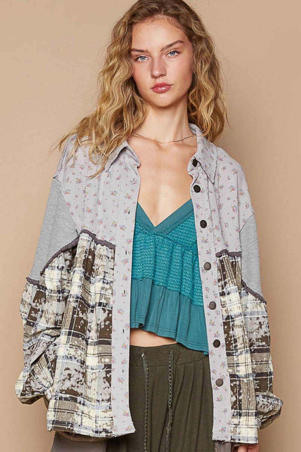 POL Balloon Sleeve Floral Color Block Plaid Shirt *