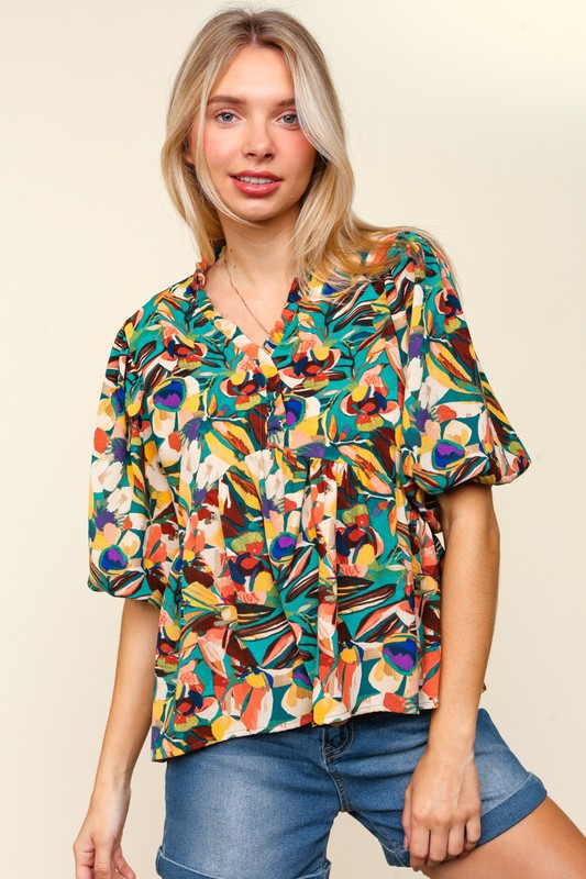 Haptics Full Size Frill Floral Puff Sleeve Peplum Blouse *