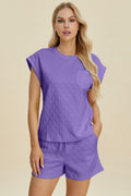 Double Take Full Size Pocketed Texture Round Neck Top and Shorts Set *