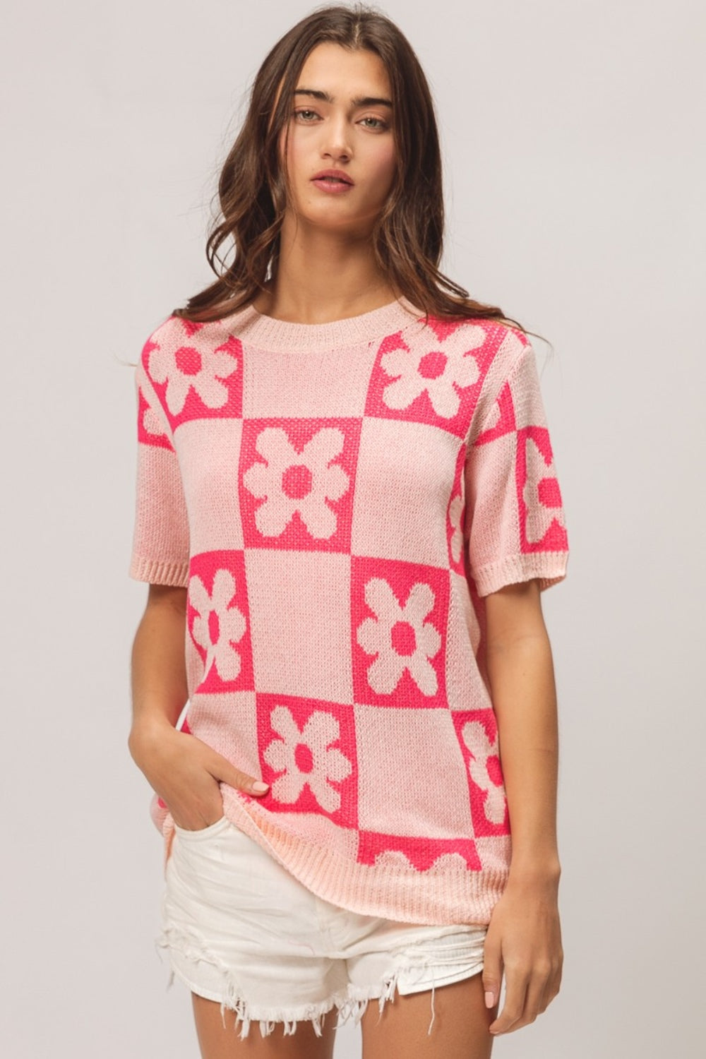 BiBi Flower Checker Pattern Short Sleeve Sweater - Brand BiBi