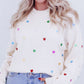 Heart Sequin Round Neck Long Sleeve Sweater