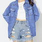 Curved Hem Collared Neck Denim Top