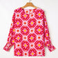Smocked Cuff Printed Round Neck Long Sleeve Blouse