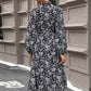 Lace Detail Printed Long Sleeve Midi Dress