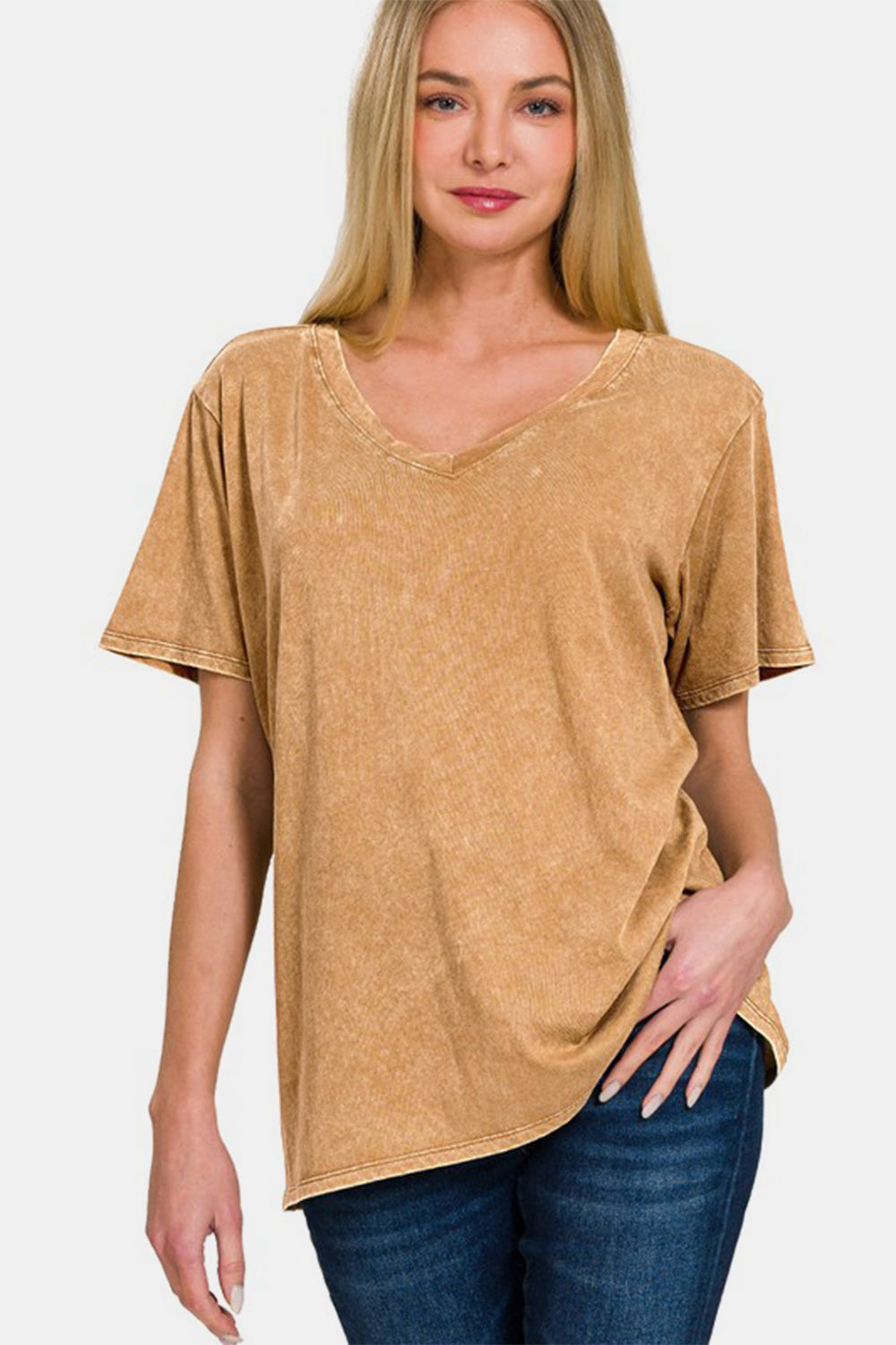 Zenana Full Size Washed Short Sleeve V-Neck T-Shirt *