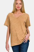 Zenana Full Size Washed Short Sleeve V-Neck T-Shirt *