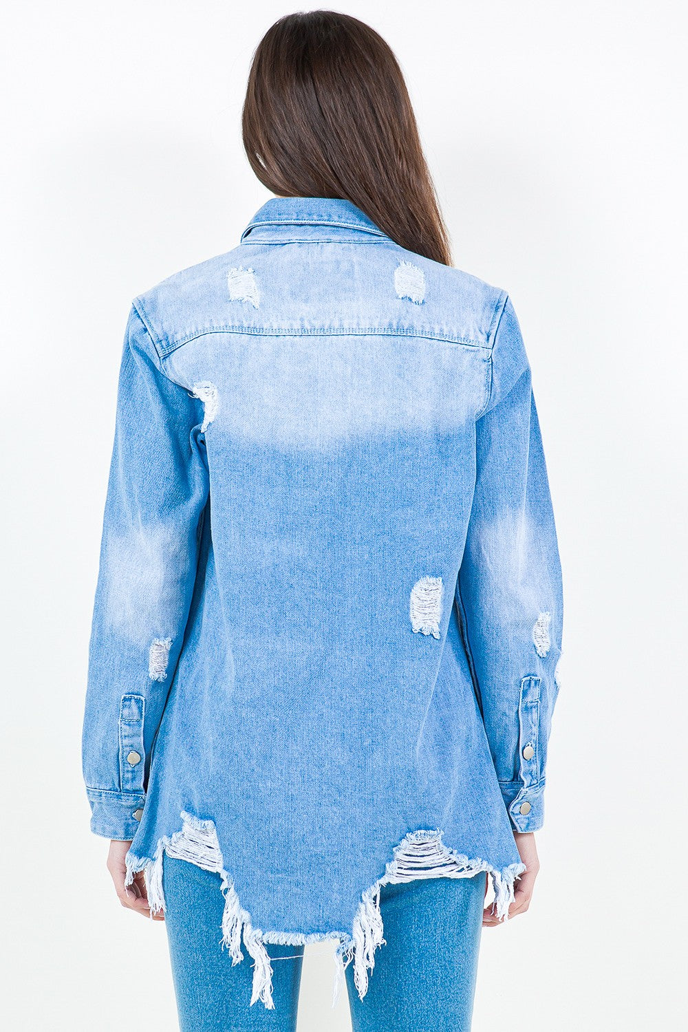 American Bazi Frayed Hem Distressed Denim Shirt Jacket *
