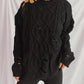 Distressed Cable-Knit Round Neck Long Sleeve Sweater