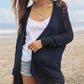 Openwork Side Slit Open Front Long Sleeve Cardigan