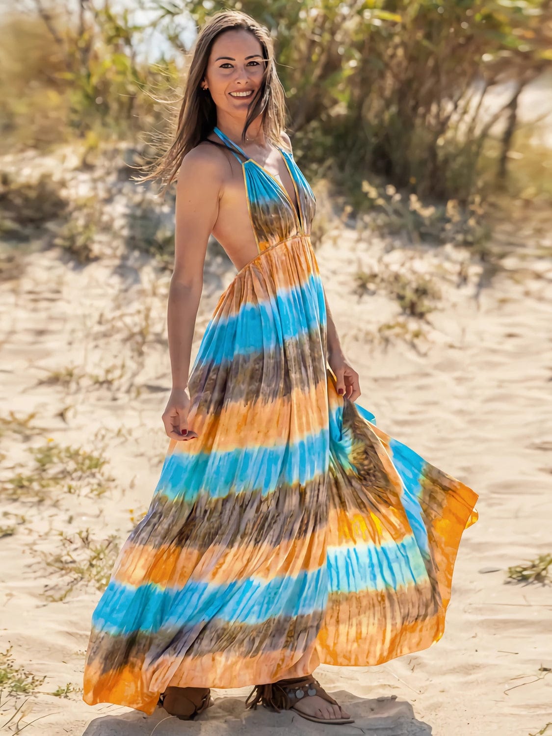 Full Size Tie-Dye Halter Neck Sleeveless Dress