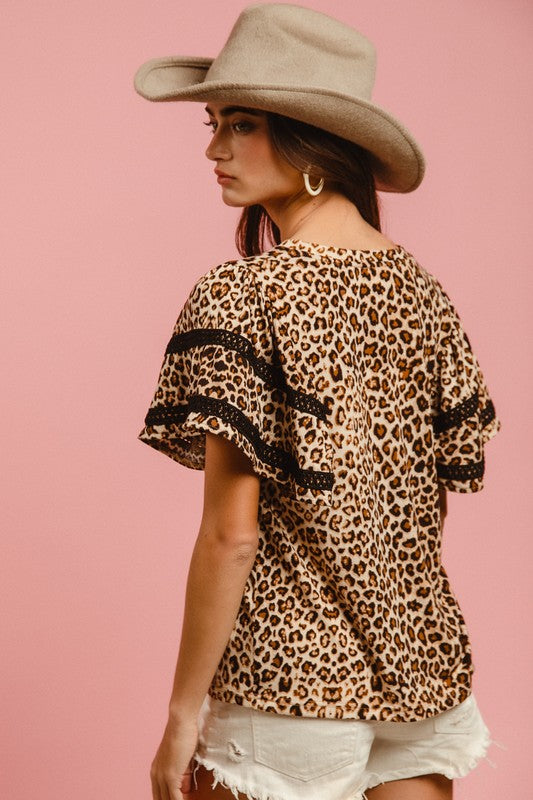 BiBi Leopard Crochet Trim Round Neck Short Sleeve Top - Brand BiBi