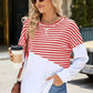 Slit Contrast Striped Long Sleeve Sweatshirt
