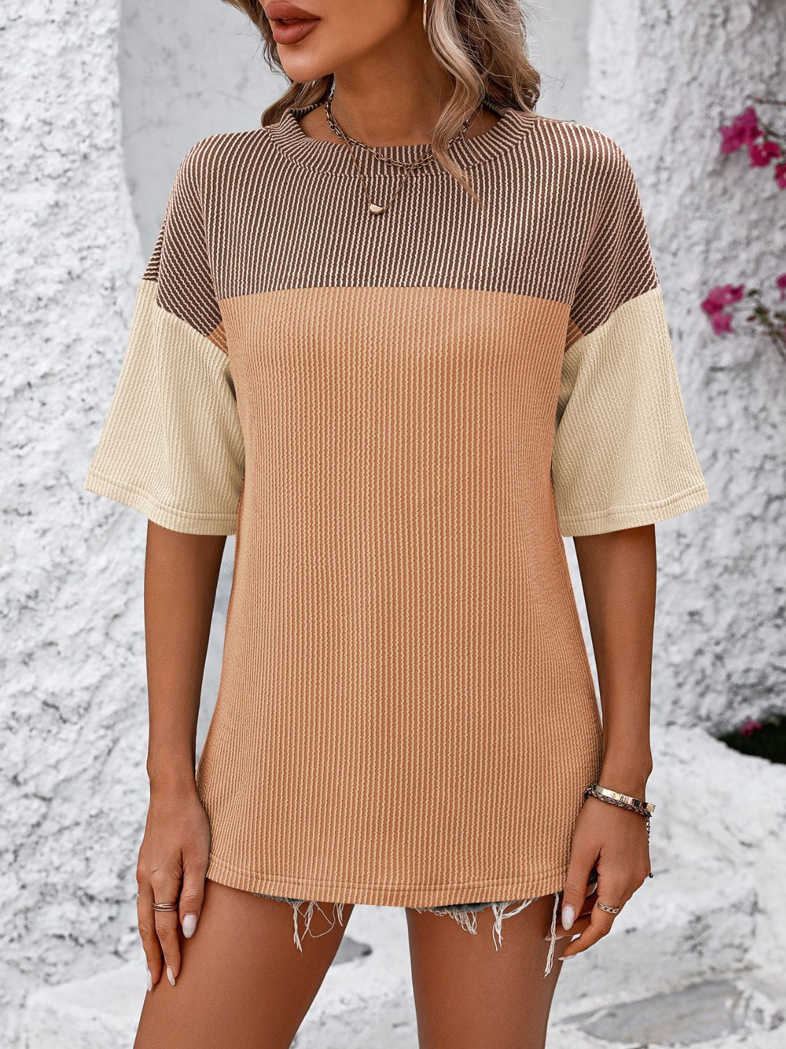 Full Size Color Block Round Neck Half Sleeve T-Shirt