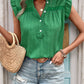 Green Ruffled Notched Cap Sleeve Blouse