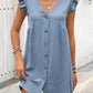Full Size Button Up V-Neck Cap Sleeve Mini Dress