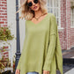 Slit V-Neck Dropped Shoulder Sweater