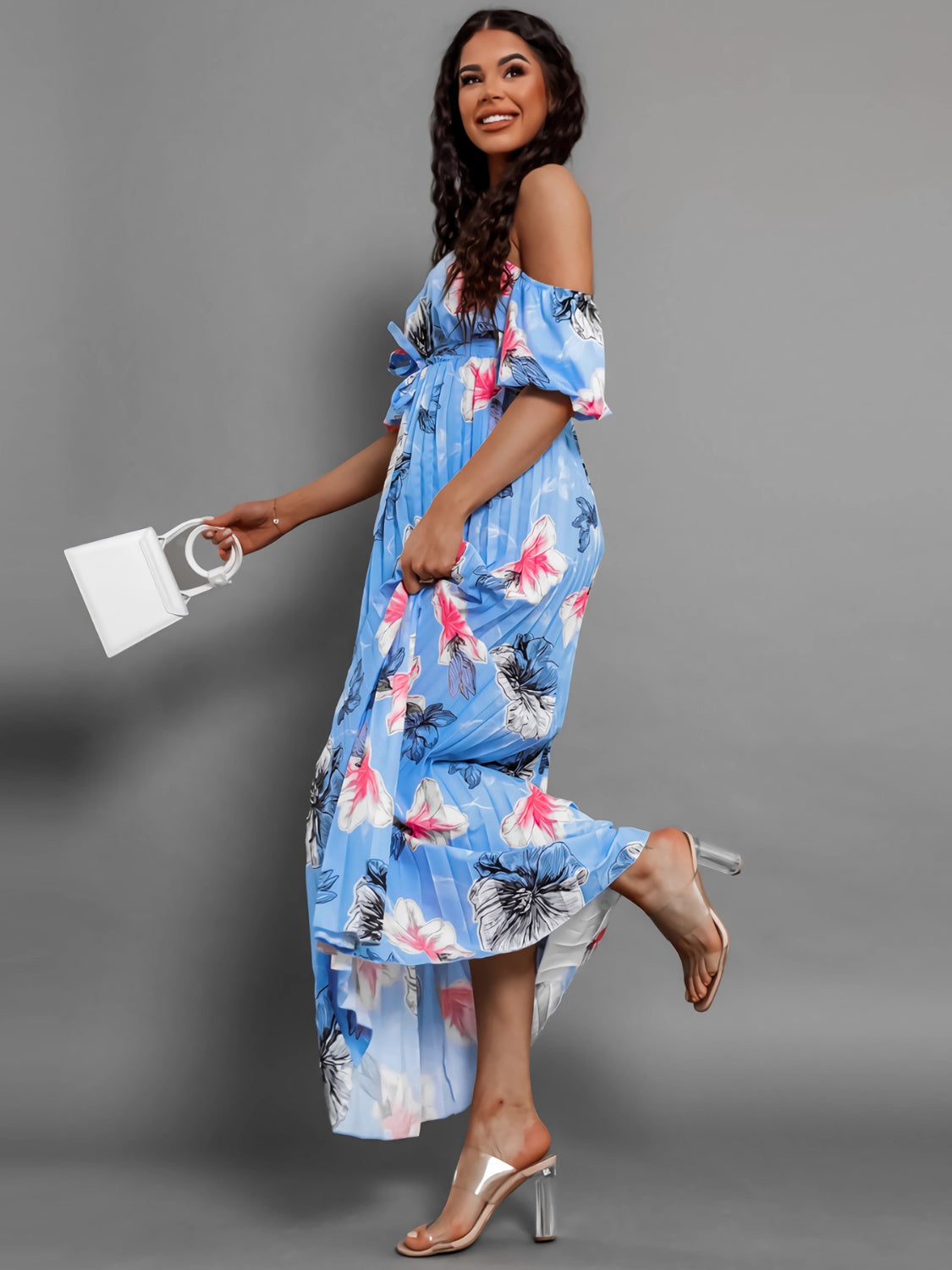 Full Size Pleated Floral Off-Shoulder Short Sleeve Midi Dress