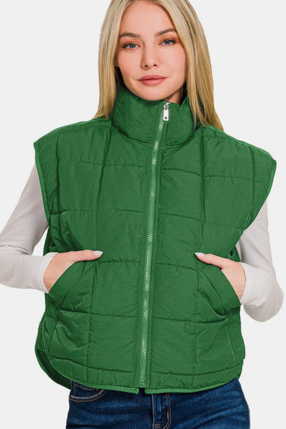 Zenana Zip Up Cropped Puffer Vest with Pockets- Brand Zenana
