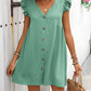 Full Size Button Up V-Neck Cap Sleeve Mini Dress