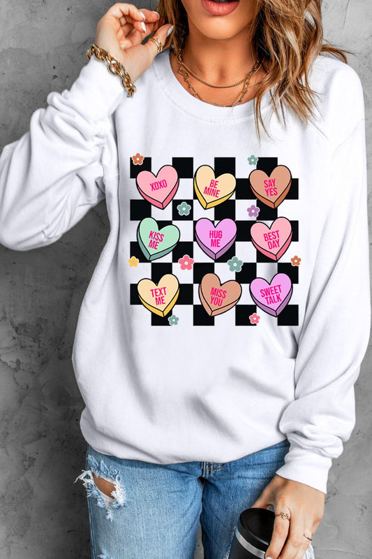 Valentine's Day White Checkered Heart Long Sleeve Sweatshirt