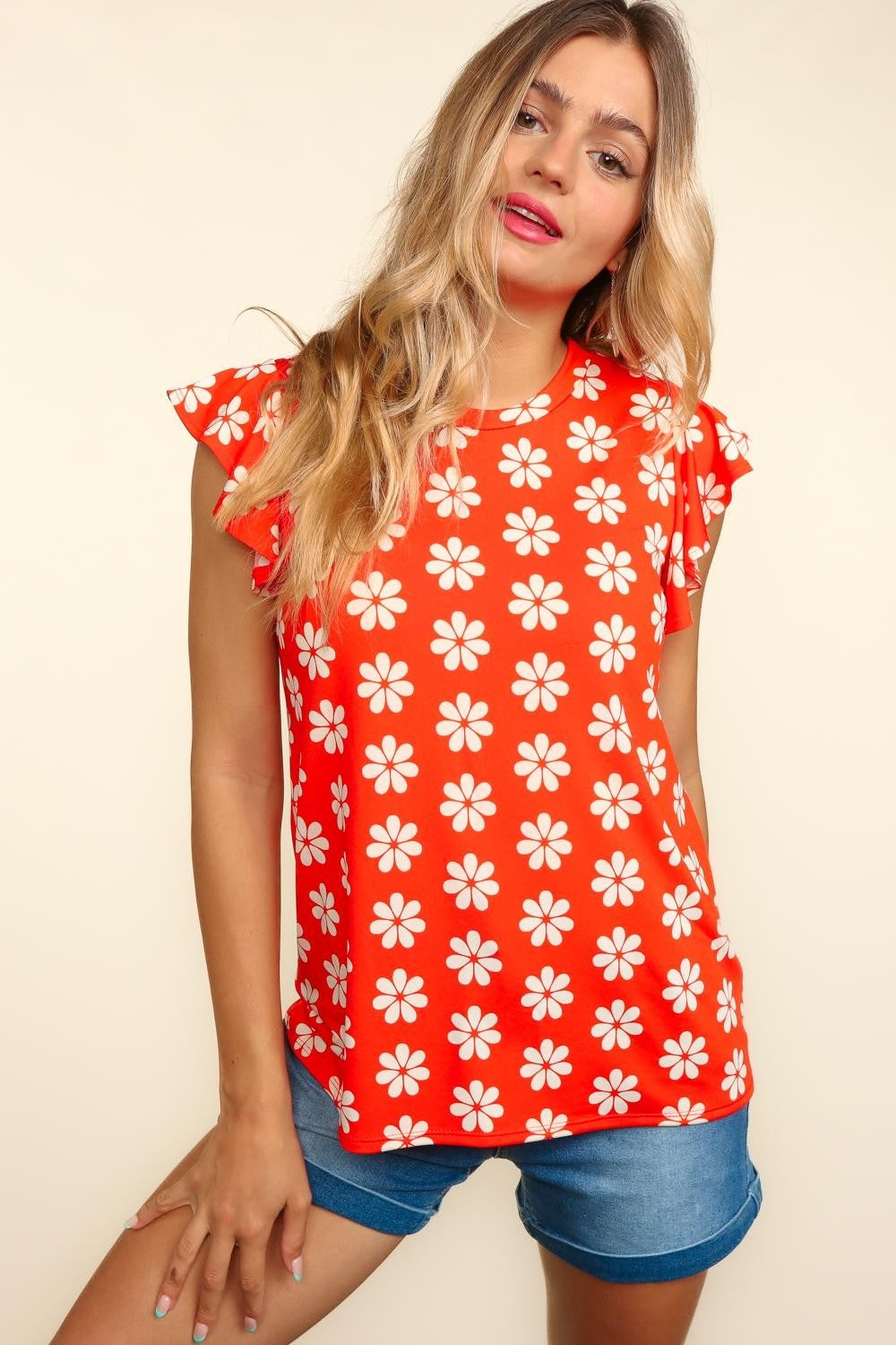 Haptics Round Neck Ruffled Floral Contrast Knit Top *
