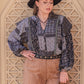 Plus Size Ruffled Printed Notched Long Sleeve Blouse