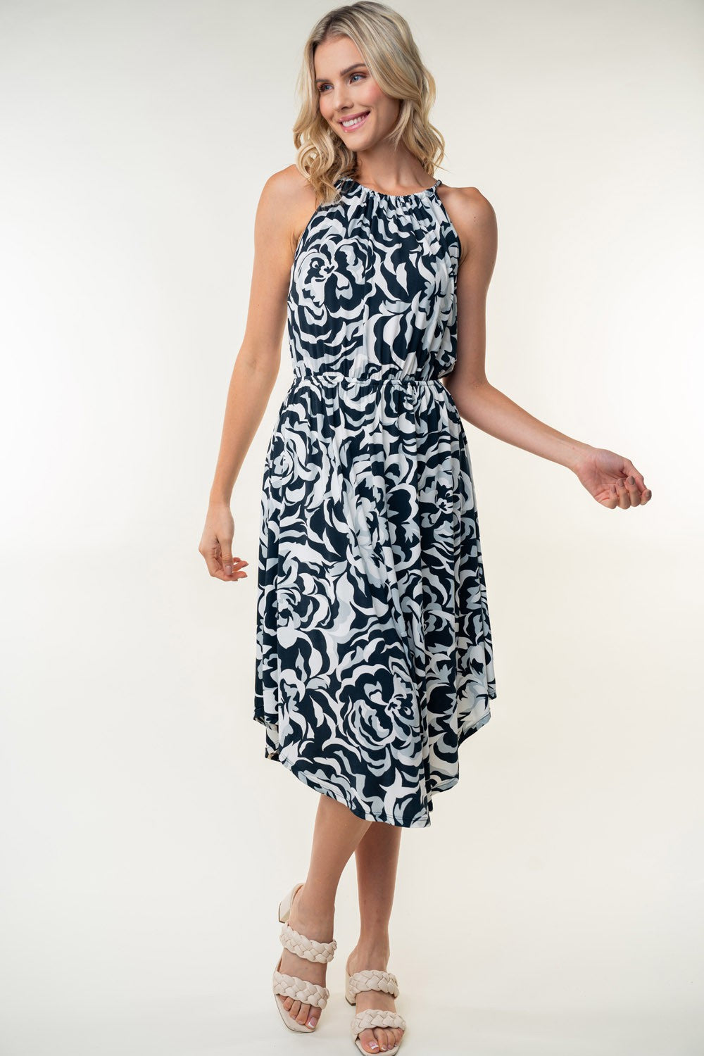 White Birch Tied Ruched Floral Sleeveless Knee Length Dress *