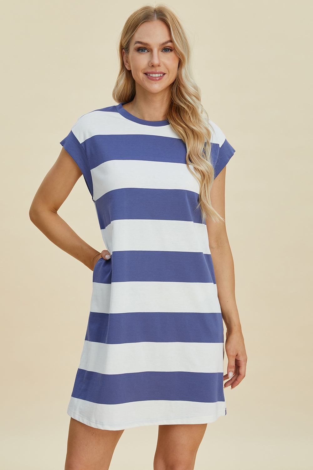 Basic Bae Full Size Striped Round Neck Cap Sleeve Mini Dress *