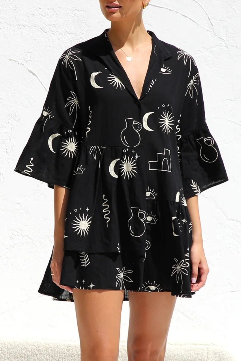 Ruched Printed Three-Quarter Sleeve Mini Dress