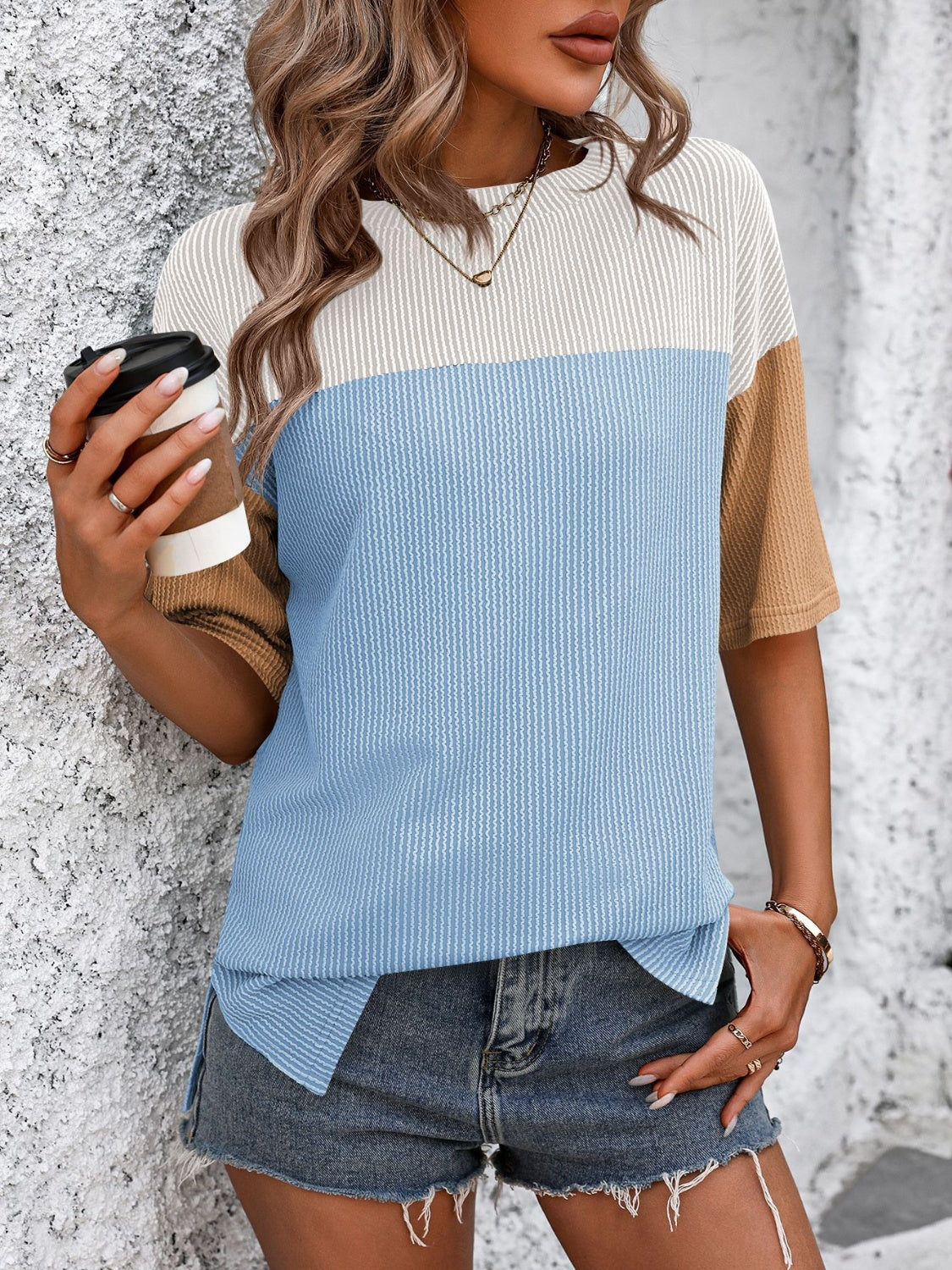 Full Size Color Block Round Neck Half Sleeve T-Shirt