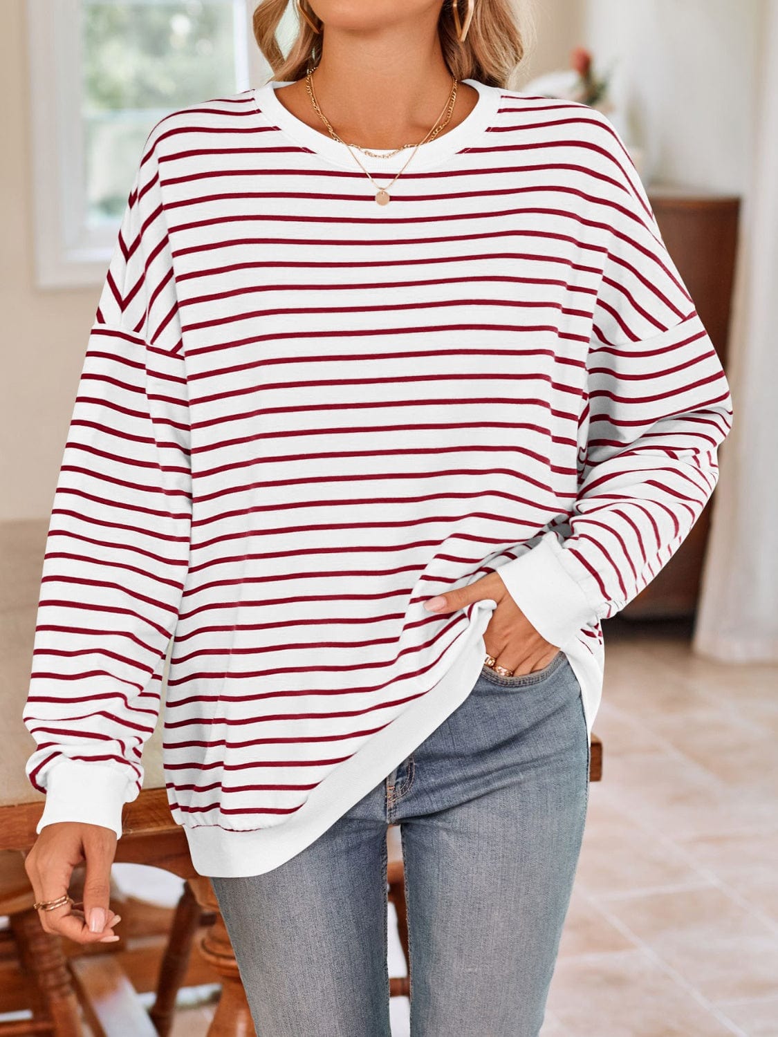 Lovelet Striped Round Neck Long Sleeve Sweatshirt