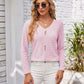 Full Size Decorative Button Openwork V-Neck T-Shirt