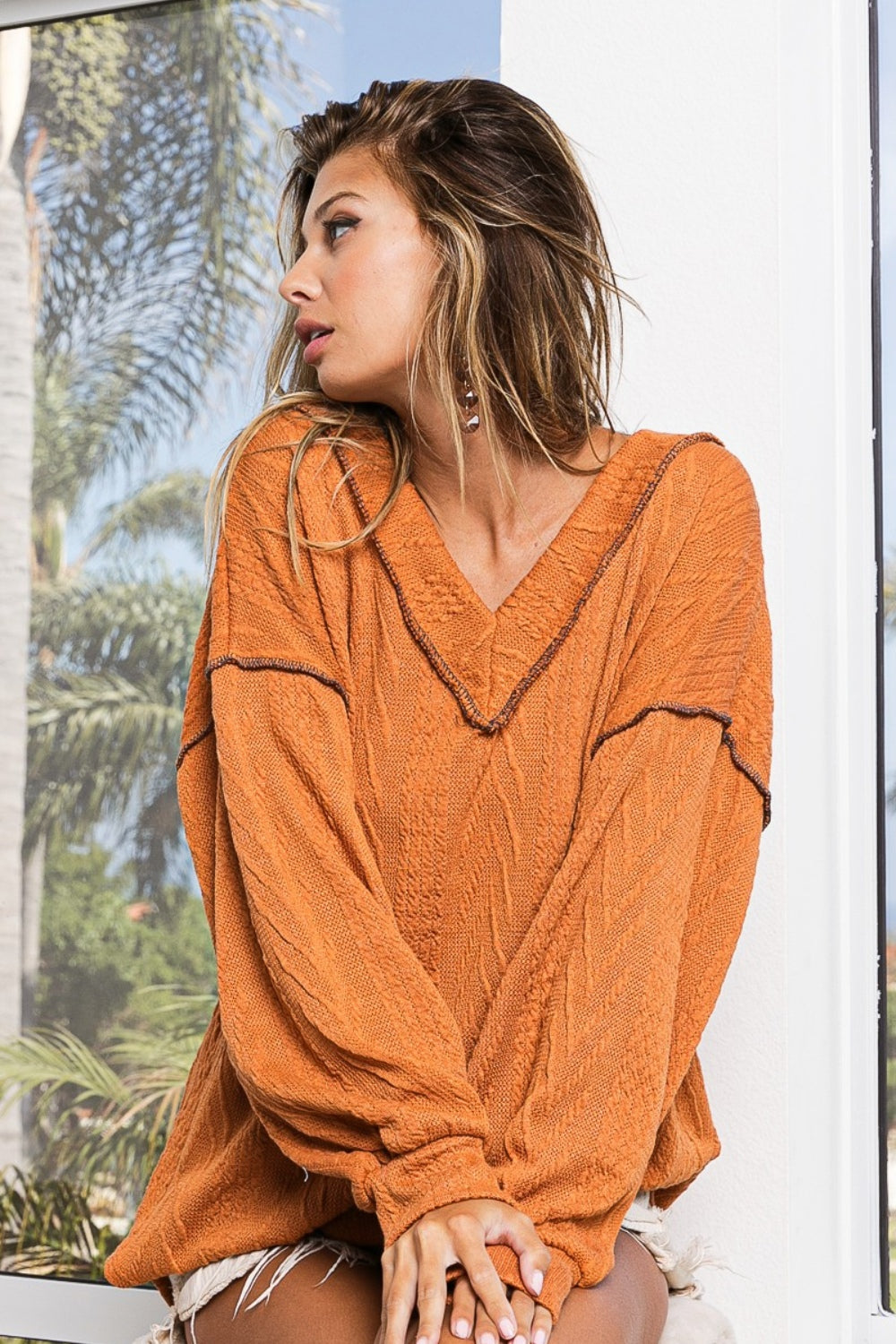 BiBi Textured Exposed Seam Drop Shoulder Knit Top - Brand BiBi